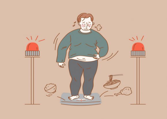 체중계에 올라서 깜짝 놀라는 남성의 일러스트